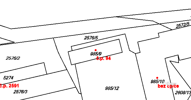 Cheb 94 na parcele st. 985/9 v KÚ Cheb, Katastrální mapa