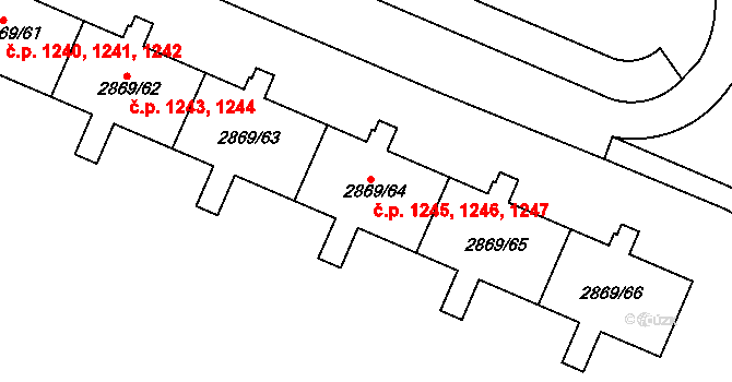 Krč 1245,1246,1247, Praha na parcele st. 2869/64 v KÚ Krč, Katastrální mapa