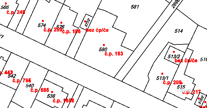 Kyje 163, Praha na parcele st. 580 v KÚ Kyje, Katastrální mapa