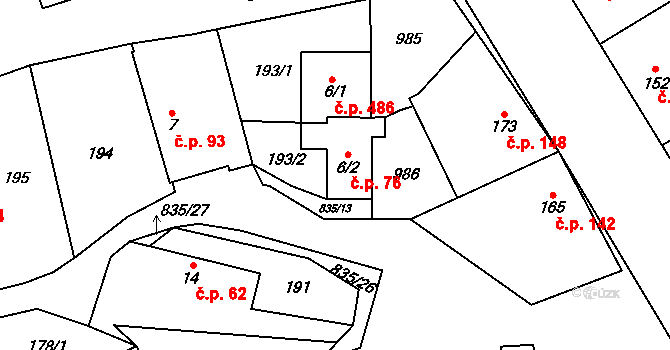 Stará Huť 76 na parcele st. 6/2 v KÚ Stará Huť, Katastrální mapa