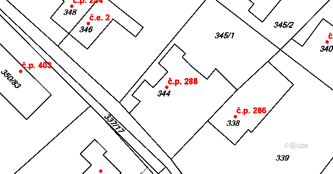 Podlesí 288 na parcele st. 344 v KÚ Podlesí nad Litavkou, Katastrální mapa