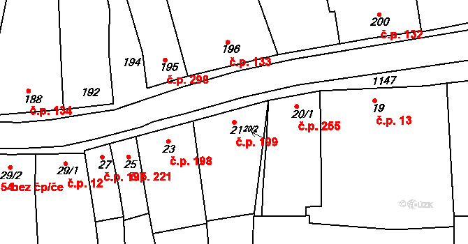 Blučina 199 na parcele st. 21 v KÚ Blučina, Katastrální mapa