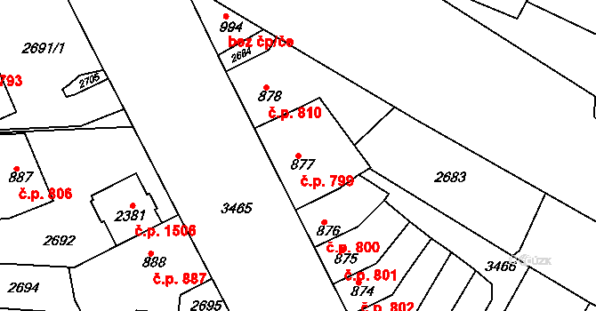 Rosice 799 na parcele st. 877 v KÚ Rosice u Brna, Katastrální mapa