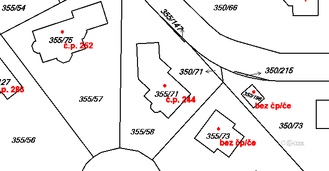 Červený Hrádek 244, Plzeň na parcele st. 355/71 v KÚ Červený Hrádek u Plzně, Katastrální mapa