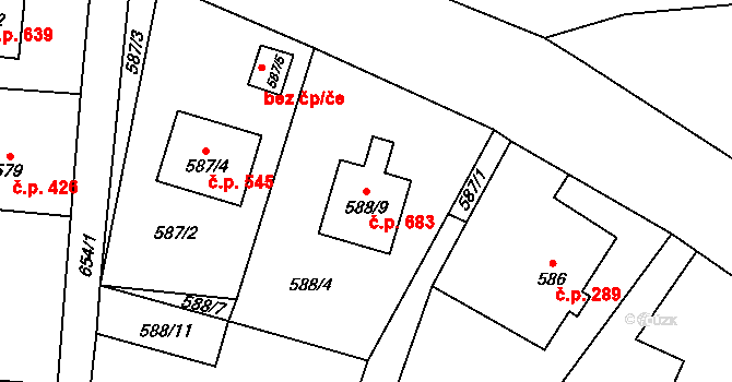 Fryčovice 683 na parcele st. 588/9 v KÚ Fryčovice, Katastrální mapa