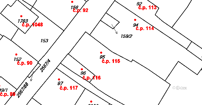 Pacov 115 na parcele st. 95 v KÚ Pacov, Katastrální mapa