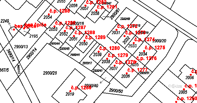 Rosice 1280 na parcele st. 2039 v KÚ Rosice u Brna, Katastrální mapa
