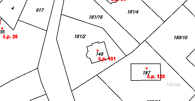 Veliká Ves 101 na parcele st. 148 v KÚ Veliká Ves u Prahy, Katastrální mapa