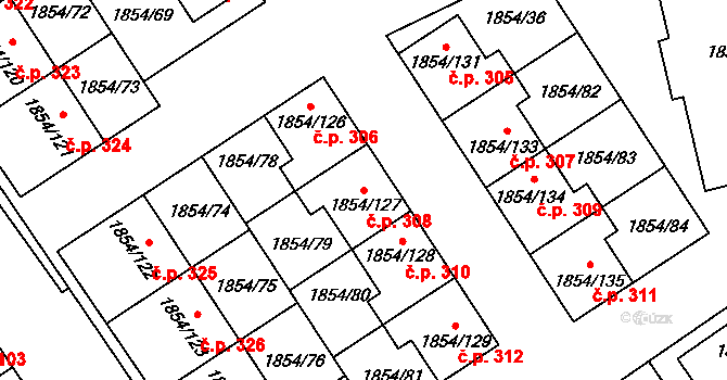 Křečkovice 308, Vyškov na parcele st. 1854/127 v KÚ Vyškov, Katastrální mapa