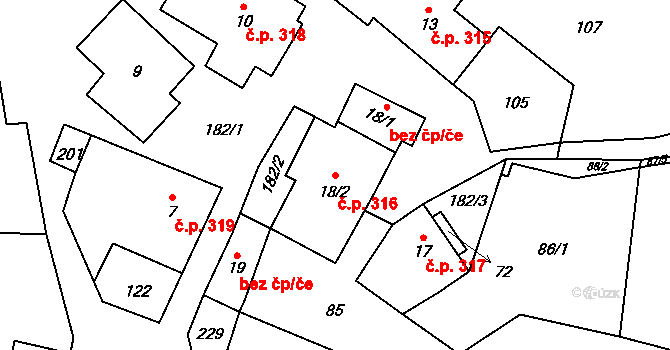 Kocanda 316, Herálec na parcele st. 18/2 v KÚ Kocanda, Katastrální mapa