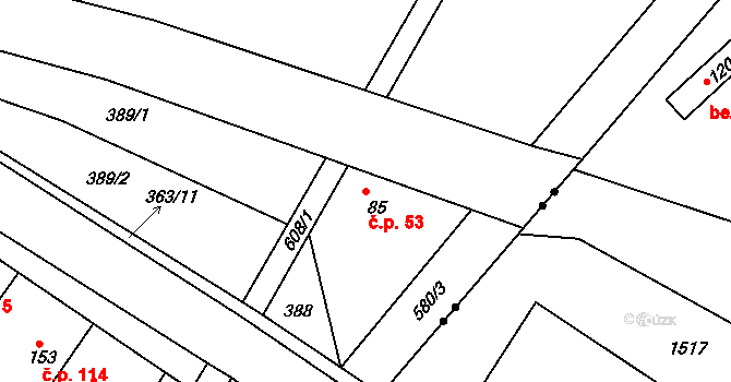 Jiřice 53, Kostelec nad Labem na parcele st. 85 v KÚ Jiřice u Kostelce nad Labem, Katastrální mapa