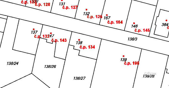 Úžice 134 na parcele st. 138 v KÚ Úžice u Kralup nad Vltavou, Katastrální mapa