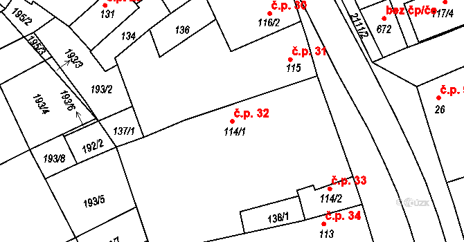 Merklín 32 na parcele st. 114/1 v KÚ Merklín u Přeštic, Katastrální mapa