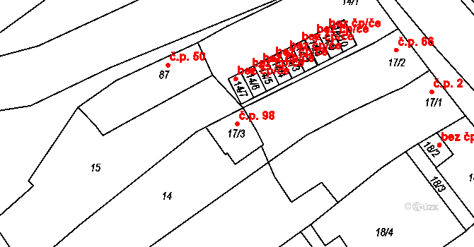 Klopotovice 98 na parcele st. 17/3 v KÚ Klopotovice, Katastrální mapa