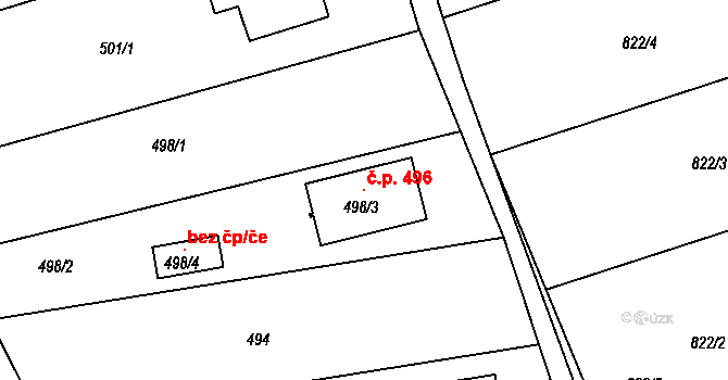 Bošovice 496 na parcele st. 498/3 v KÚ Bošovice, Katastrální mapa