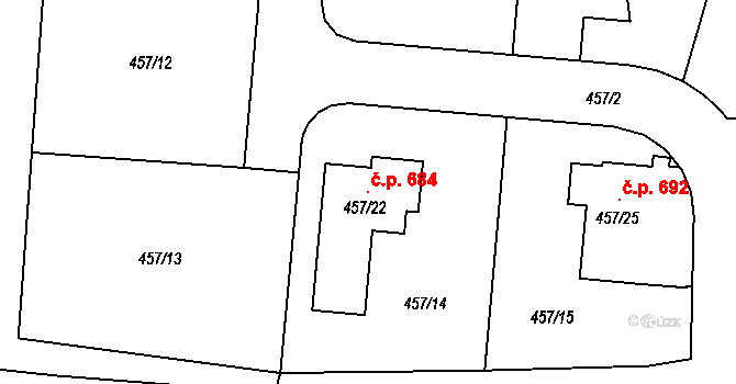 Želechovice nad Dřevnicí 684 na parcele st. 457/22 v KÚ Želechovice nad Dřevnicí, Katastrální mapa