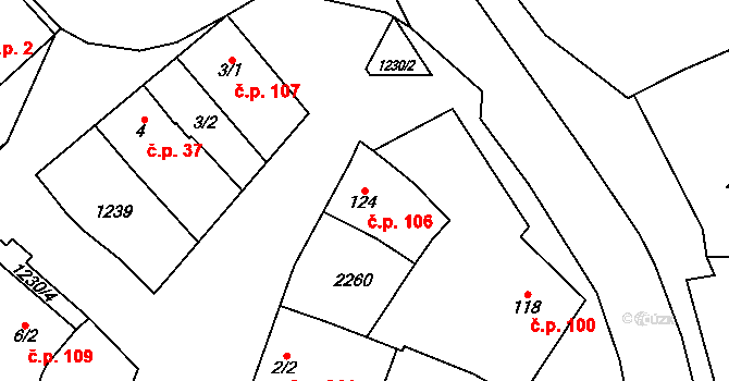 Krumsín 106 na parcele st. 124 v KÚ Krumsín, Katastrální mapa