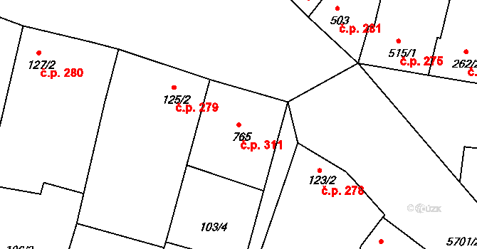 Hrádek 311 na parcele st. 765 v KÚ Hrádek u Znojma, Katastrální mapa
