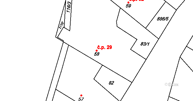 Stará Lysá 29 na parcele st. 58 v KÚ Stará Lysá, Katastrální mapa
