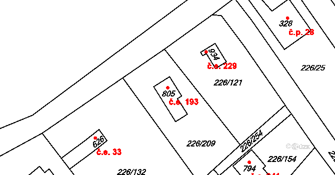 Zlenice 193, Lštění na parcele st. 805 v KÚ Lštění, Katastrální mapa