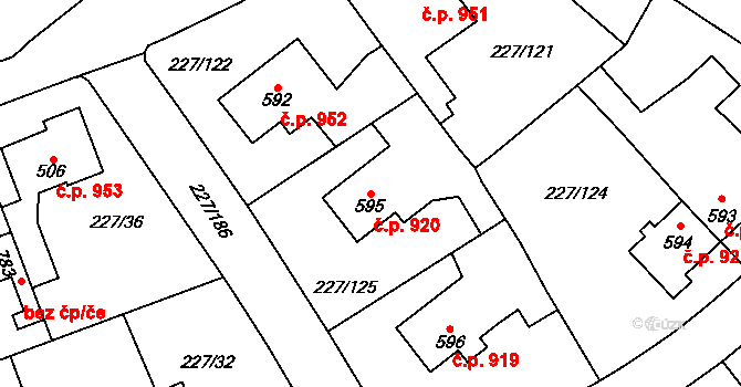 Švermov 920, Kladno na parcele st. 595/1 v KÚ Hnidousy, Katastrální mapa
