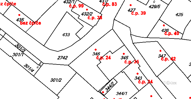Dačice II 24, Dačice na parcele st. 346 v KÚ Dačice, Katastrální mapa