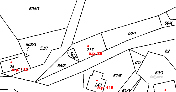 Andělka 89, Višňová na parcele st. 217 v KÚ Andělka, Katastrální mapa