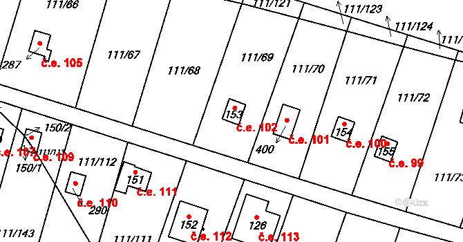 Podhoří 102, Cheb na parcele st. 153 v KÚ Podhoří u Chebu, Katastrální mapa