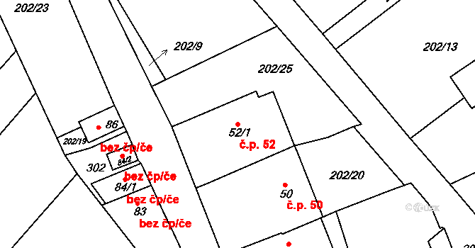 Třebešov 52 na parcele st. 52/1 v KÚ Třebešov, Katastrální mapa