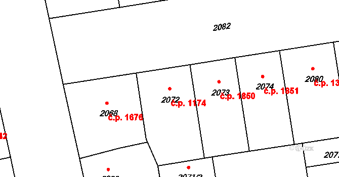 Žižkov 1174, Praha na parcele st. 2072 v KÚ Žižkov, Katastrální mapa