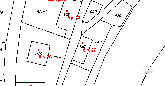 Tihava 27, Kotopeky na parcele st. 130 v KÚ Kotopeky, Katastrální mapa