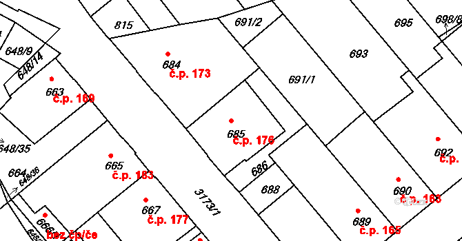 Příbram I 176, Příbram na parcele st. 685 v KÚ Příbram, Katastrální mapa