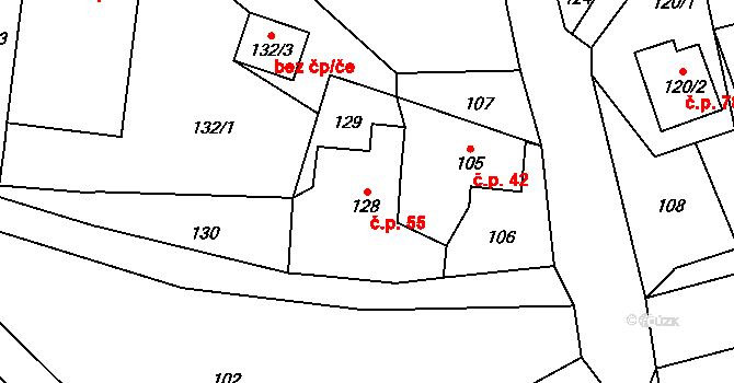 Starý Dub 55, Český Dub na parcele st. 128 v KÚ Starý Dub, Katastrální mapa