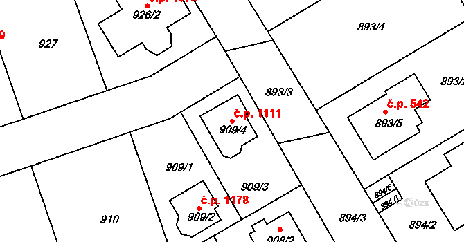 Hlubočepy 1111, Praha na parcele st. 909/4 v KÚ Hlubočepy, Katastrální mapa