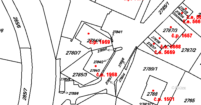 Kadaň 1958 na parcele st. 2784/3 v KÚ Kadaň, Katastrální mapa