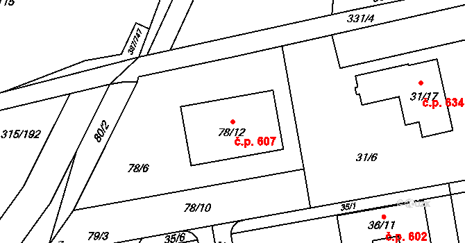 Štípa 607, Zlín na parcele st. 78/12 v KÚ Štípa, Katastrální mapa