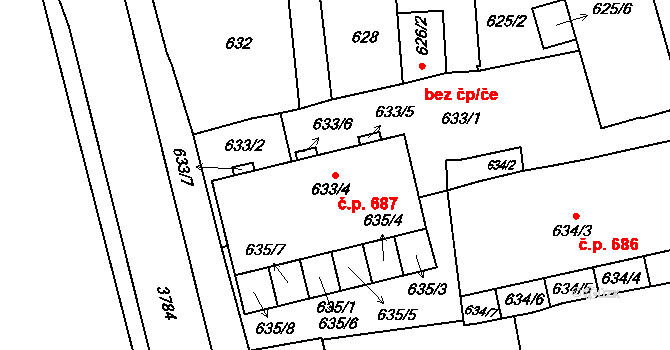 Slavkov u Brna 687 na parcele st. 633/4 v KÚ Slavkov u Brna, Katastrální mapa