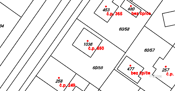 Hovorčovice 850 na parcele st. 1036 v KÚ Hovorčovice, Katastrální mapa