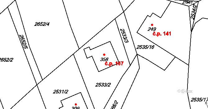 Sehradice 167 na parcele st. 358 v KÚ Sehradice, Katastrální mapa
