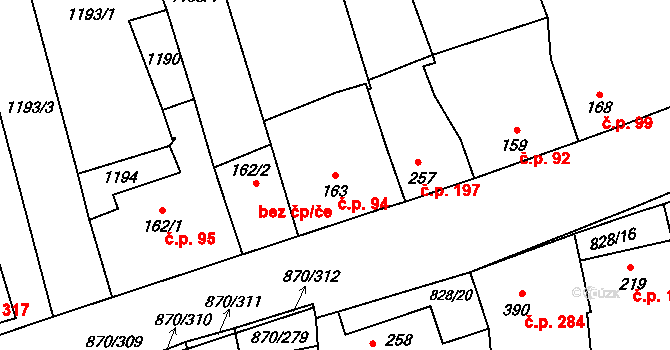 Louky 94, Zlín na parcele st. 163 v KÚ Louky nad Dřevnicí, Katastrální mapa