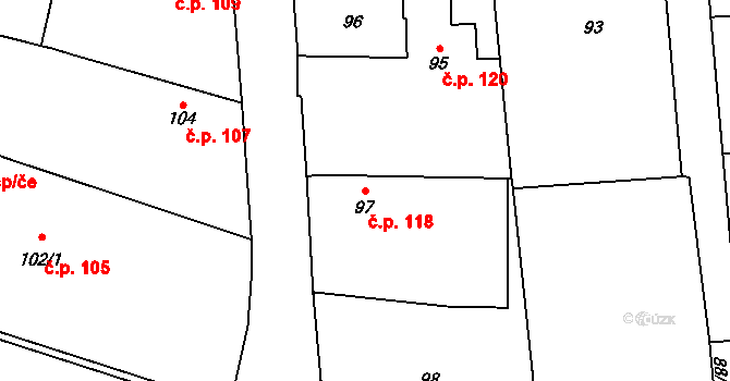 Chlebičov 118 na parcele st. 97 v KÚ Chlebičov, Katastrální mapa