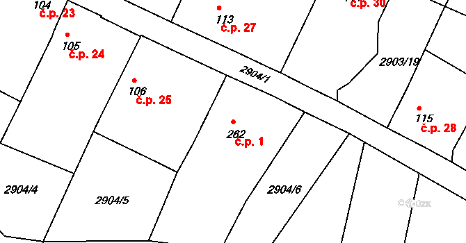 Tlucná 1, Horní Bělá na parcele st. 262 v KÚ Horní Bělá, Katastrální mapa