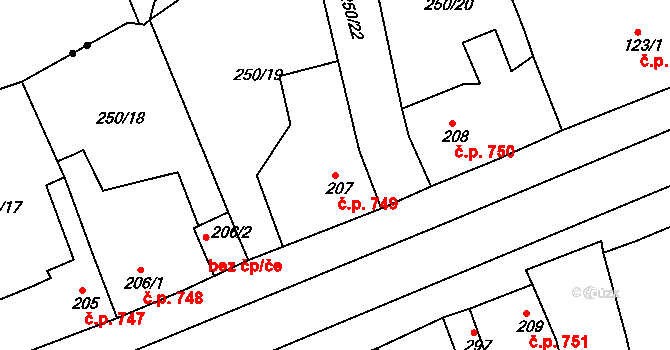 Rudná 749 na parcele st. 207 v KÚ Hořelice, Katastrální mapa