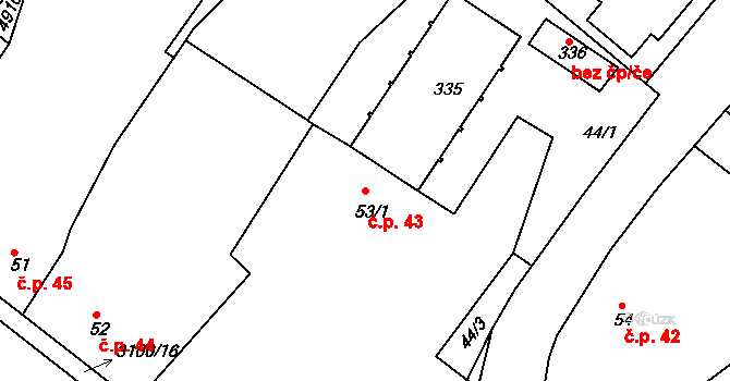 Měčín 43 na parcele st. 53/1 v KÚ Měčín, Katastrální mapa