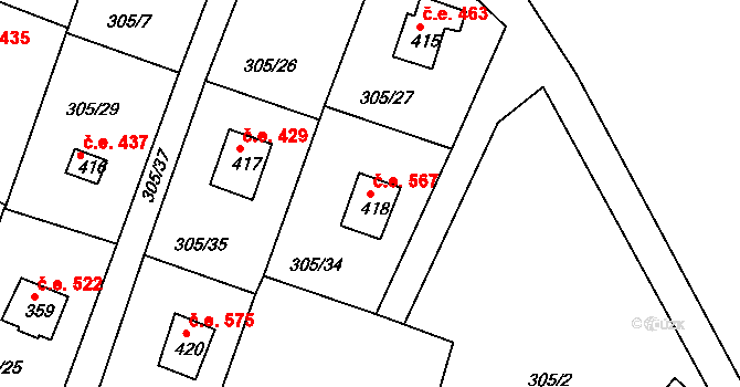 Pňovany 567 na parcele st. 418 v KÚ Dolany u Stříbra, Katastrální mapa
