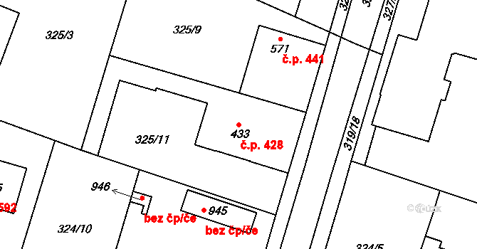 Rosice 428, Pardubice na parcele st. 433 v KÚ Rosice nad Labem, Katastrální mapa