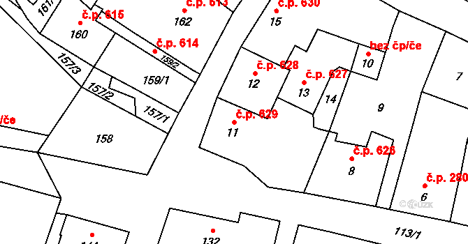 Loštice 629 na parcele st. 11 v KÚ Loštice, Katastrální mapa