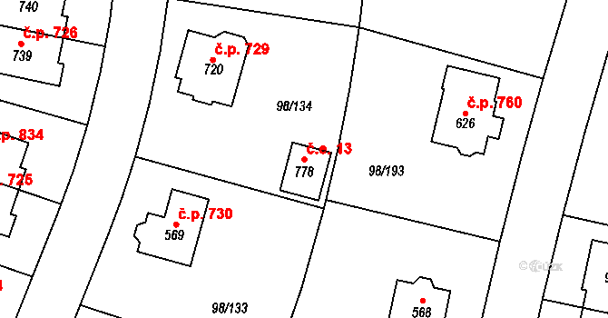 Bašť 13 na parcele st. 778 v KÚ Bašť, Katastrální mapa