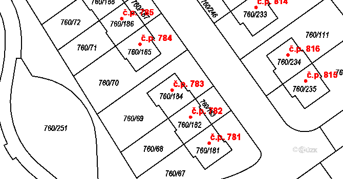Letňany 783, Praha na parcele st. 760/184 v KÚ Letňany, Katastrální mapa