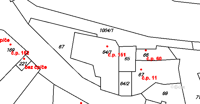 Měcholupy 151 na parcele st. 64/1 v KÚ Měcholupy u Žatce, Katastrální mapa